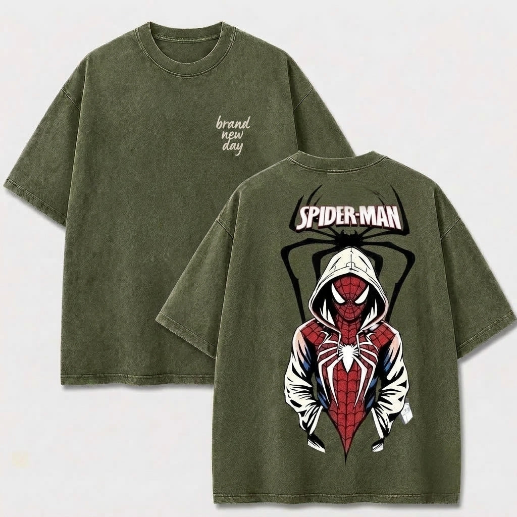 Hooded Web Hero Washed T-Shirt, Vintage Comic Graphic Tee, Oversized Front and Back Print Streetwear