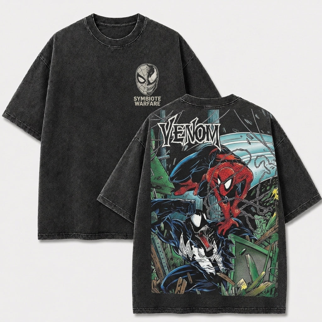 Web Hero vs Dark Alien Symbiote Battle Vintage Washed Graphic Tee, Retro Comic Streetwear Shirt