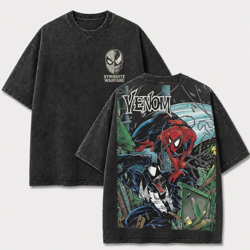 Web Hero vs Dark Alien Symbiote Battle Vintage Washed Graphic Tee, Retro Comic Streetwear Shirt