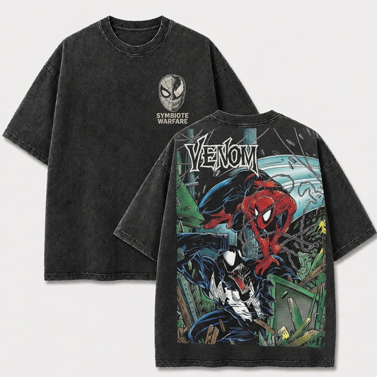 Web Hero vs Dark Alien Symbiote Battle Vintage Washed Graphic Tee, Retro Comic Streetwear Shirt