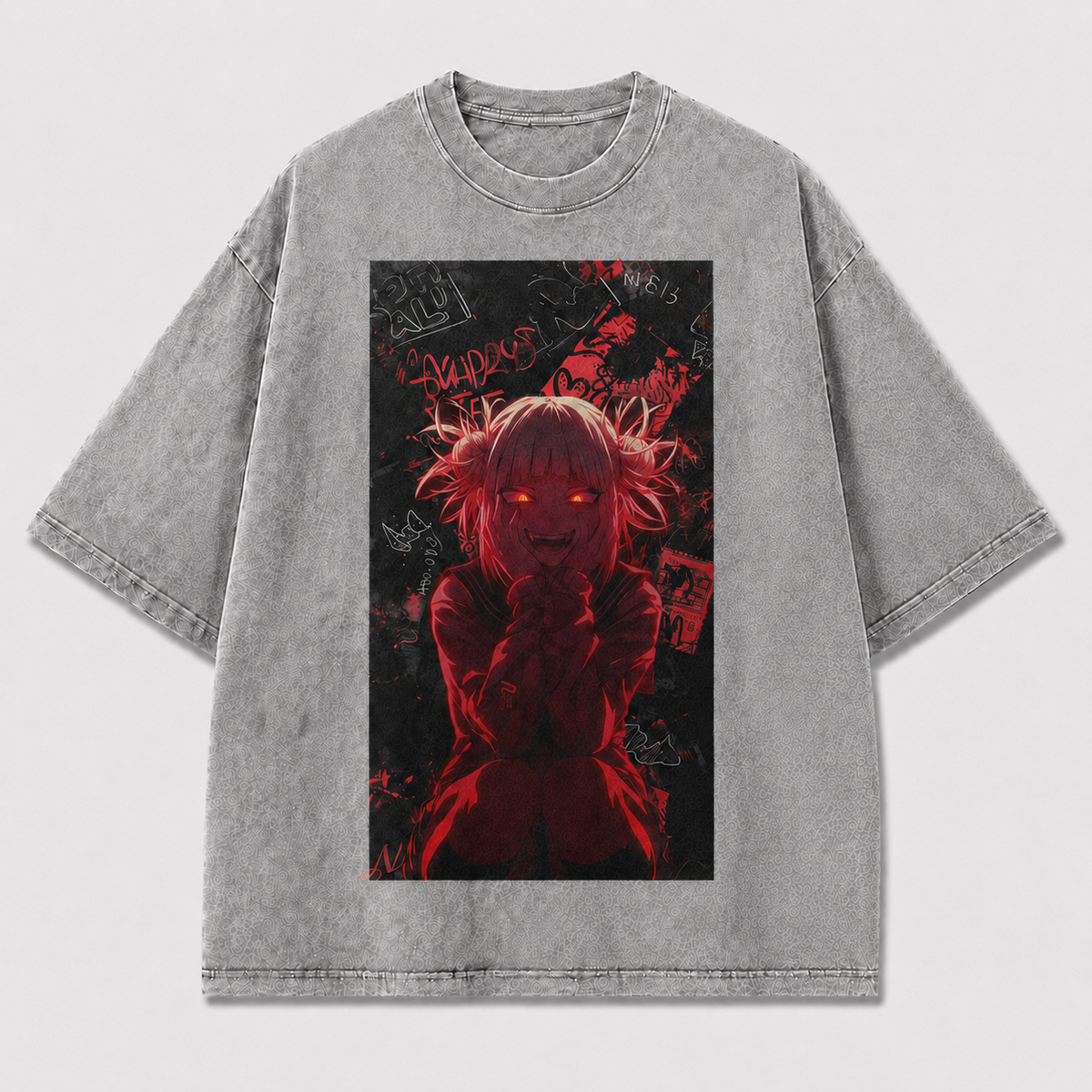 Oversized Dark Horror Graphic Tee – Crimson Grunge Print Top