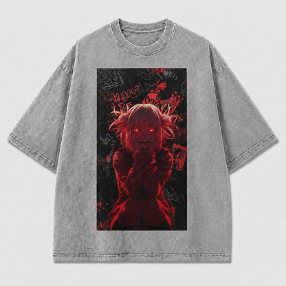 Oversized Dark Horror Graphic Tee – Crimson Grunge Print Top