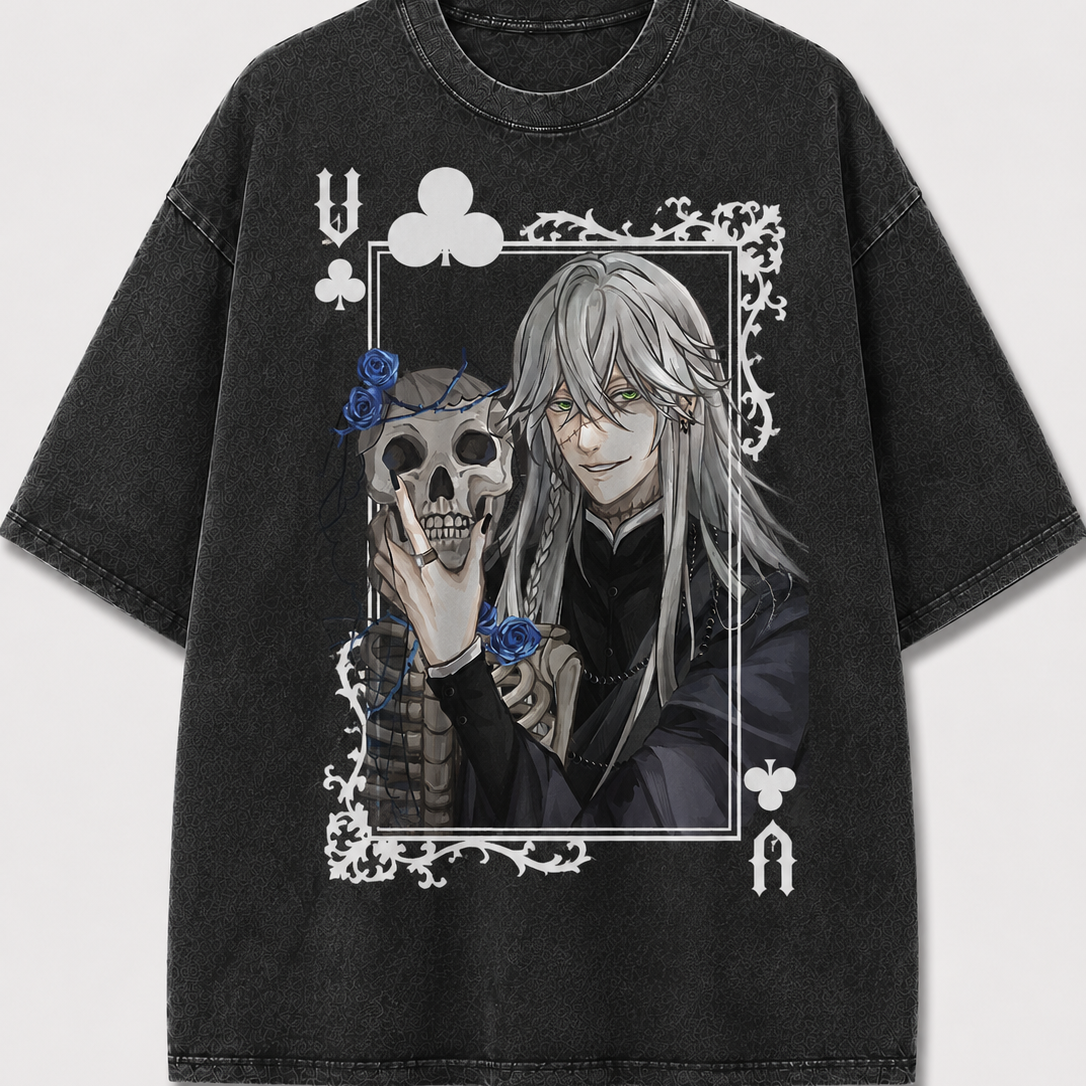 Oversized Blue Rose Skull Card Graphic Tee – Ornate Print Top