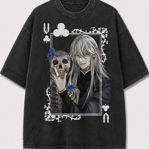 Oversized Blue Rose Skull Card Graphic Tee – Ornate Print Top
