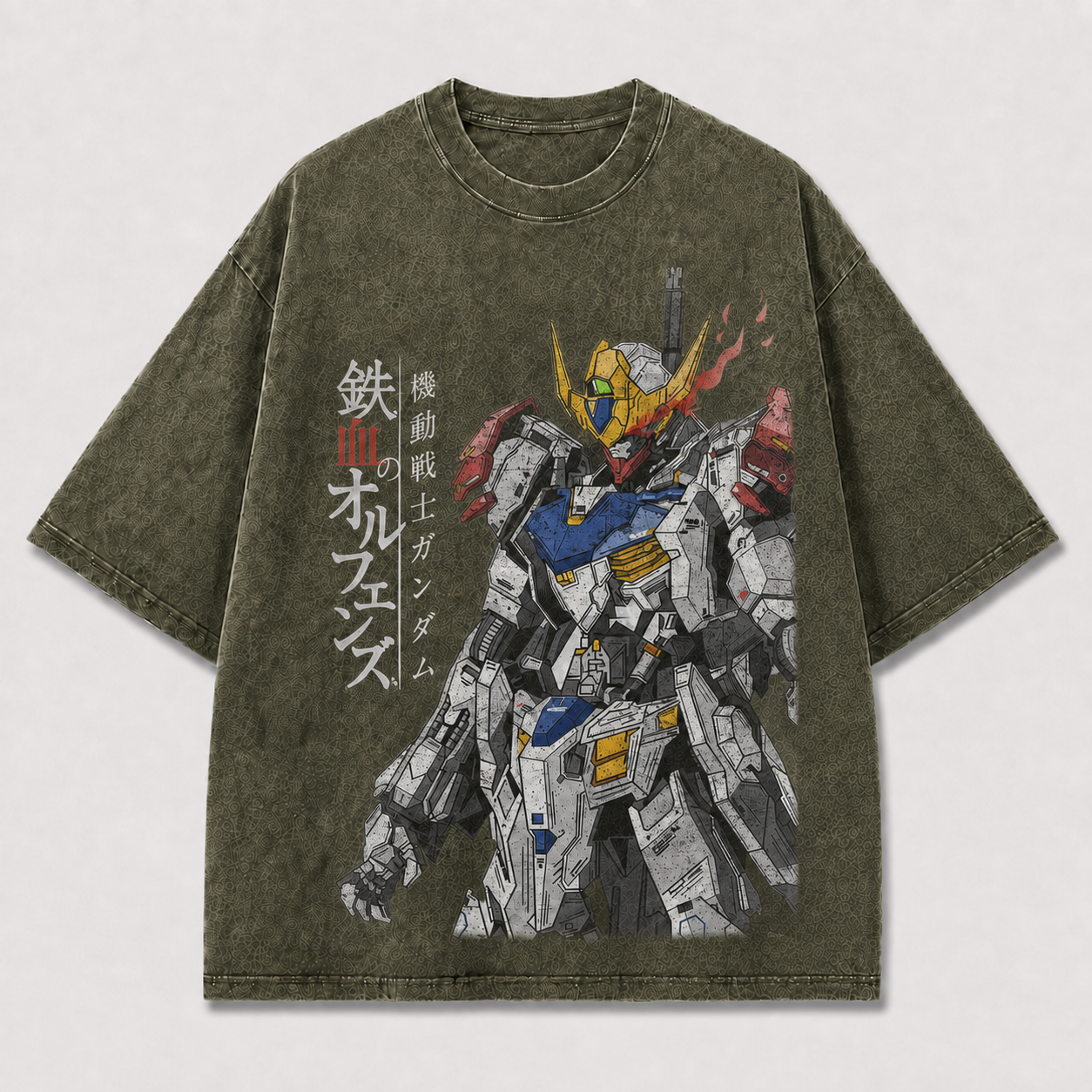 Oversized Flame Horn Mecha Graphic Tee – Vertical Text Print Top