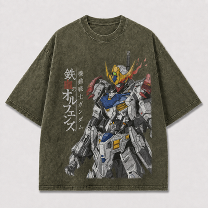 Oversized Flame Horn Mecha Graphic Tee – Vertical Text Print Top