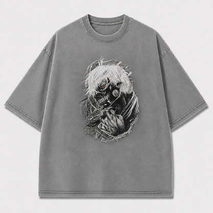 Oversized Masked Antihero Sketch Graphic Tee – Monochrome Streetwear Shirt