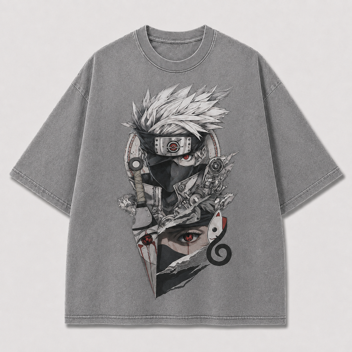 Oversized Streetwear Graphic Tee – Torn Split-Panel Masked Portrait Print