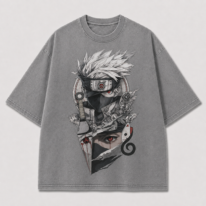 Oversized Streetwear Graphic Tee – Torn Split-Panel Masked Portrait Print