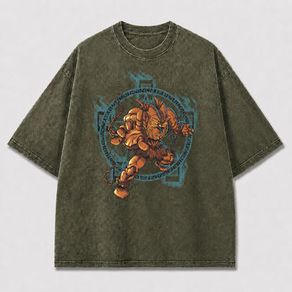 Oversized Bronze Warrior Graphic Tee – Runic Circle Print Top