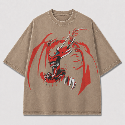 Oversized Red Dragon Graphic Tee – Bold Bat-Wing Print Top
