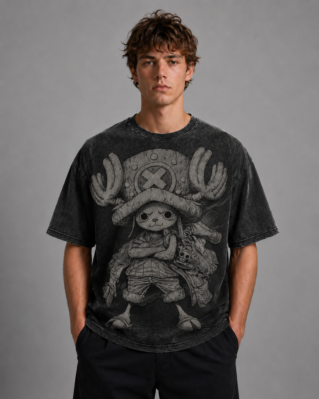 Oversized Streetwear Graphic Tee – Monochrome Antler Mascot Print