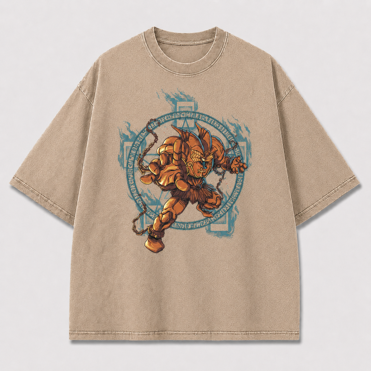 Oversized Bronze Warrior Graphic Tee – Runic Circle Print Top