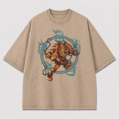 Oversized Bronze Warrior Graphic Tee – Runic Circle Print Top