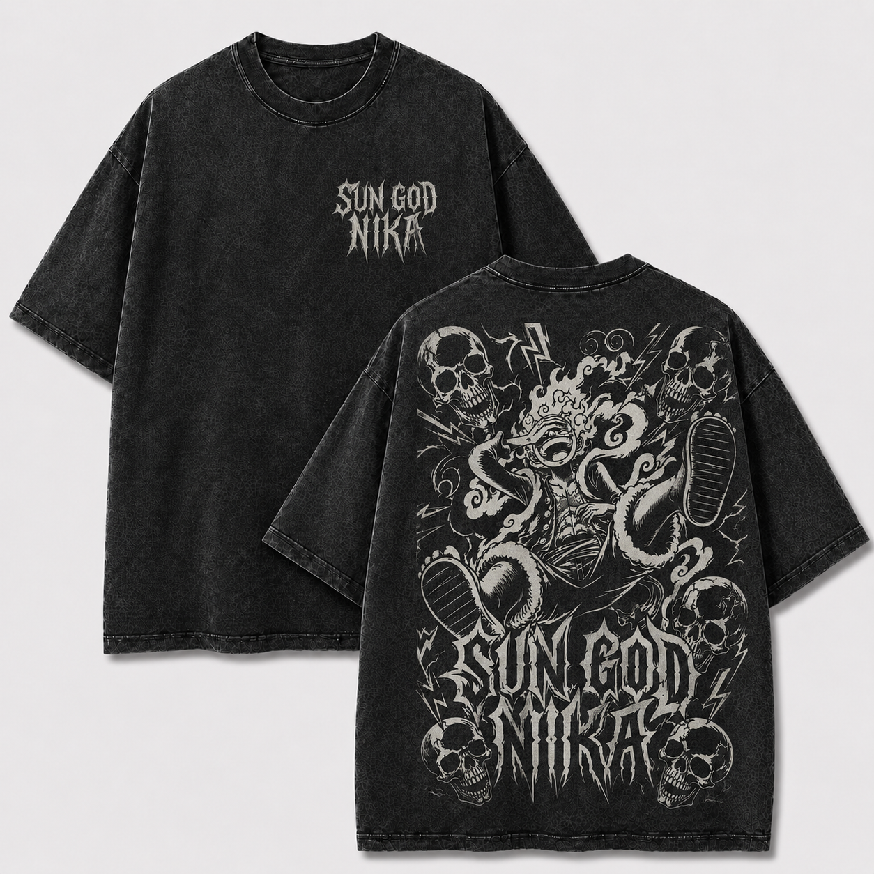 Oversized Streetwear Graphic Tee – Multi-Skull Lightning Frame Print