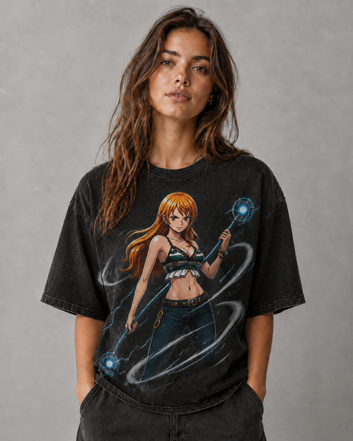 Oversized Streetwear Graphic Tee – Twin Orb Staff Weapon Print