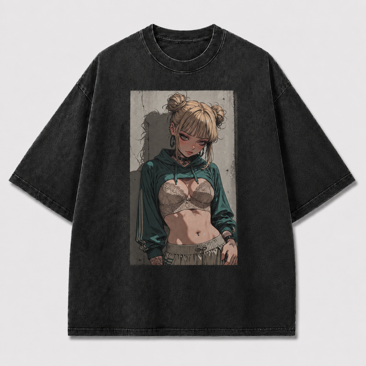 Oversized Manga Grin Graphic Tee – Monochrome Print Top - Waifu