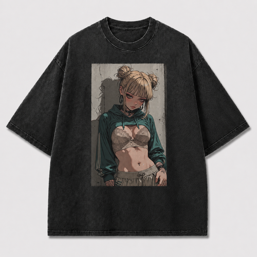 Oversized Manga Grin Graphic Tee – Monochrome Print Top - Waifu