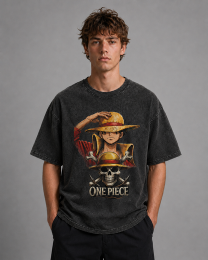Oversized Streetwear Graphic Tee – Straw Hat Portrait Skull Badge Print
