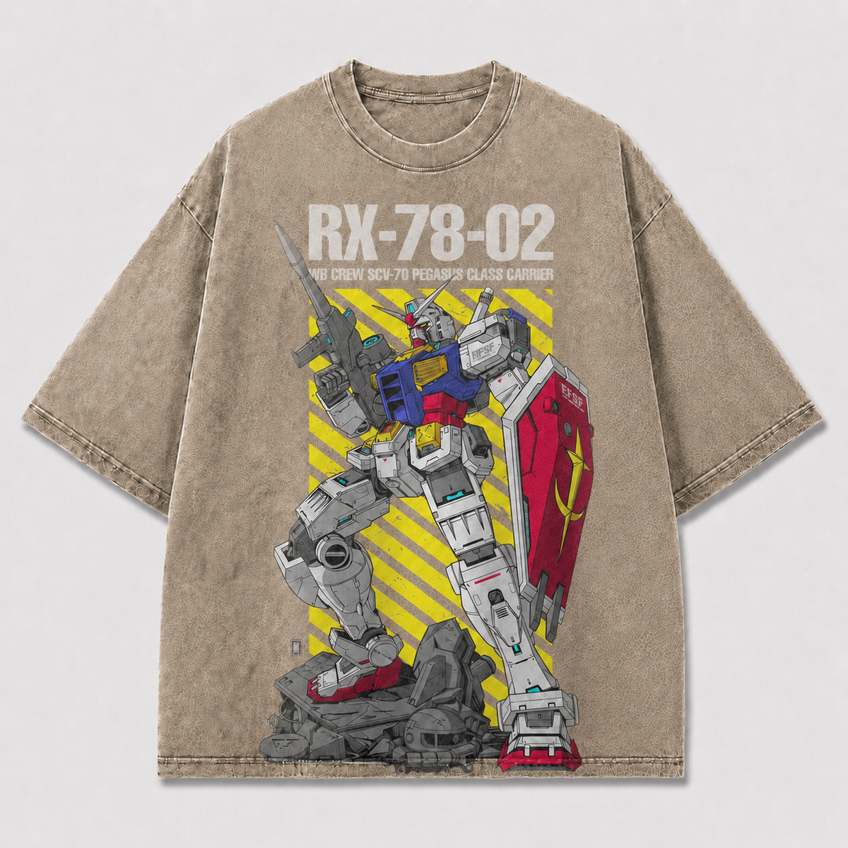 Oversized Armored Mecha Graphic Tee – Warning Stripe Print Top