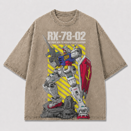 Oversized Armored Mecha Graphic Tee – Warning Stripe Print Top