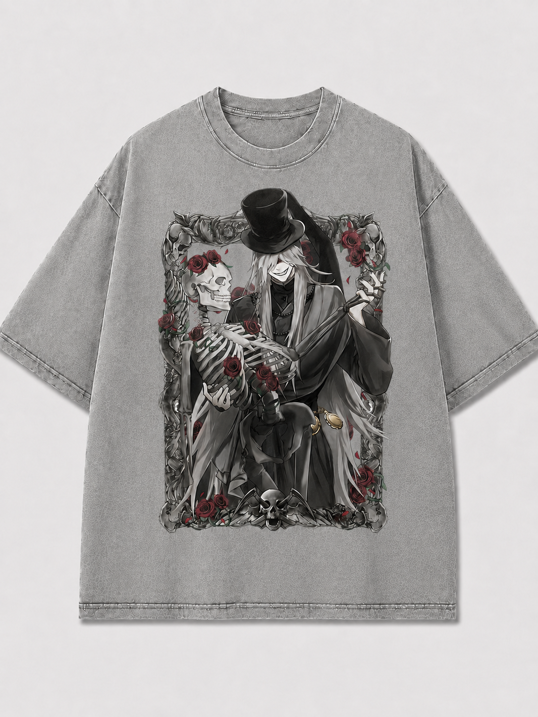 Oversized Rose Skeleton Portrait Graphic Tee – Framed Print Top