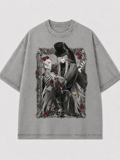 Oversized Rose Skeleton Portrait Graphic Tee – Framed Print Top
