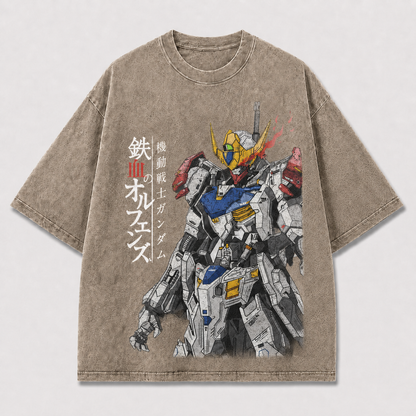 Oversized Flame Horn Mecha Graphic Tee – Vertical Text Print Top