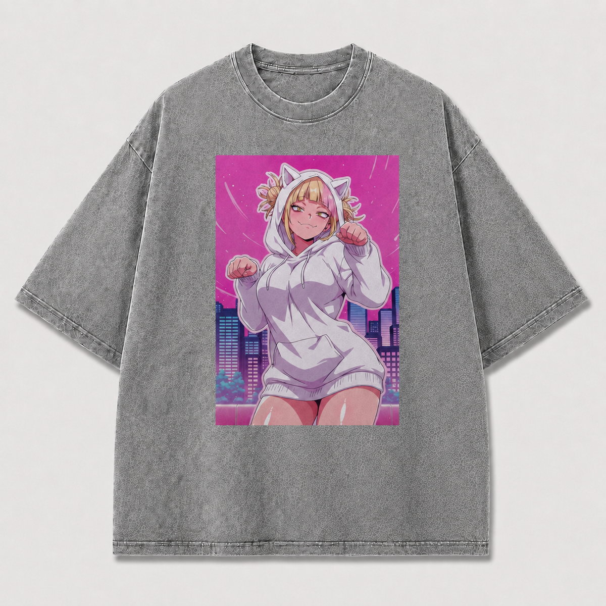 Oversized Neon City Character Graphic Tee – Playful Print Top