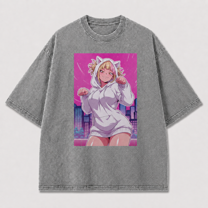 Oversized Neon City Character Graphic Tee – Playful Print Top