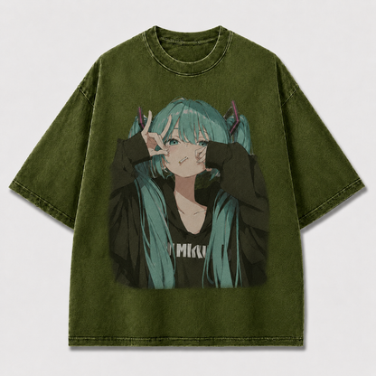 Oversized Graphic Print T-Shirt – Twin-Tail Waifu Streetwear Tee