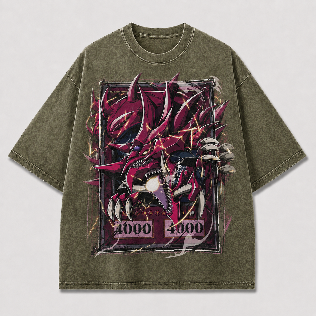 Oversized Crimson Horned Beast Graphic Tee – Card-Frame Print Top