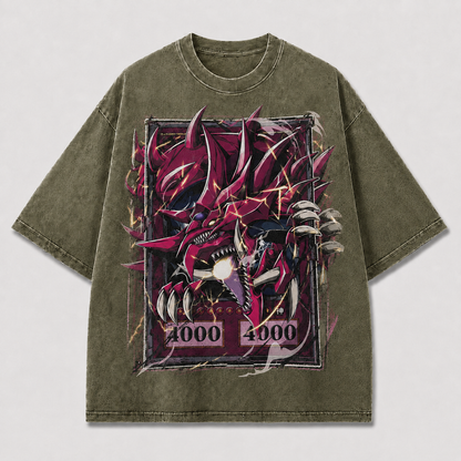 Oversized Crimson Horned Beast Graphic Tee – Card-Frame Print Top