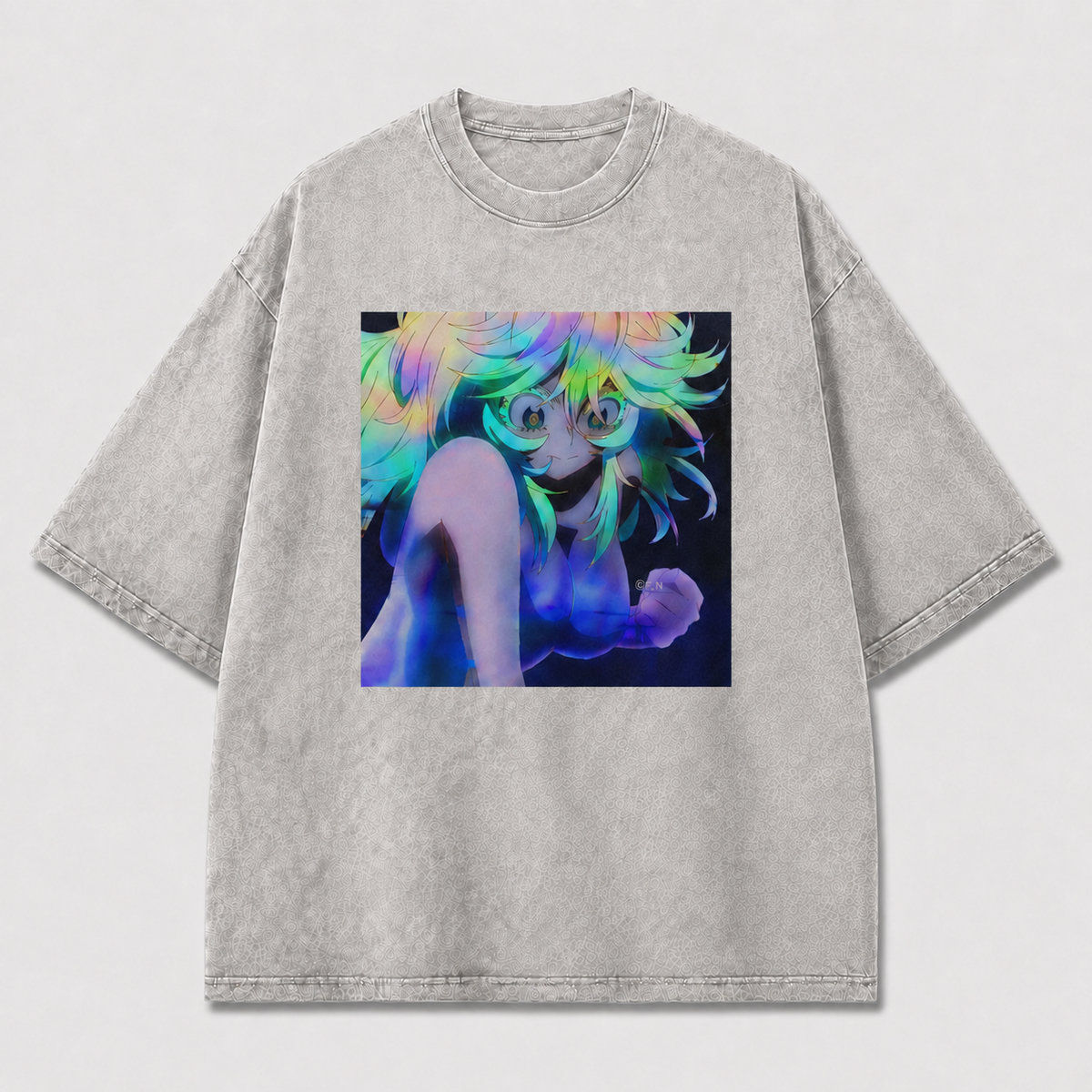 Oversized Holographic Portrait Graphic Tee – Rainbow Print Top