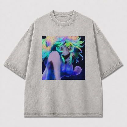 Oversized Holographic Portrait Graphic Tee – Rainbow Print Top