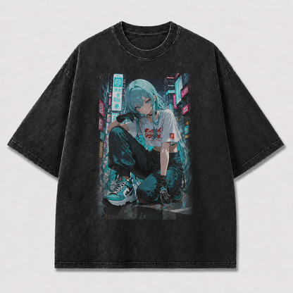 Oversized Graphic Print T-Shirt – Neon City Waifu Streetwear Tee