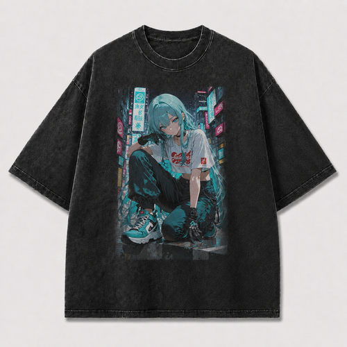 Oversized Graphic Print T-Shirt – Neon City Waifu Streetwear Tee
