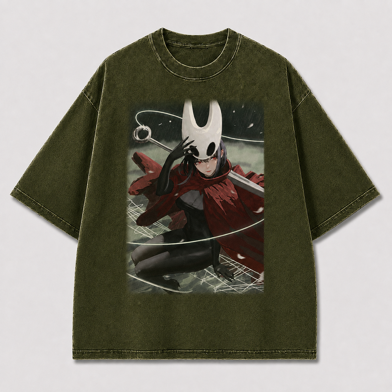 Horned Mask Girl Crouching Graphic Print Oversized Tee