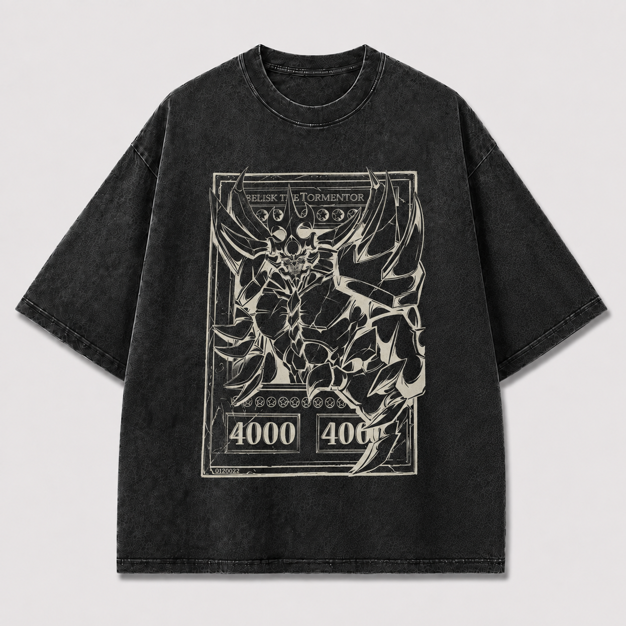 Oversized Colossal Creature Card-Frame Graphic Tee – Monochrome Print Top