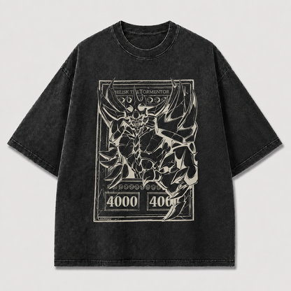 Oversized Colossal Creature Card-Frame Graphic Tee – Monochrome Print Top