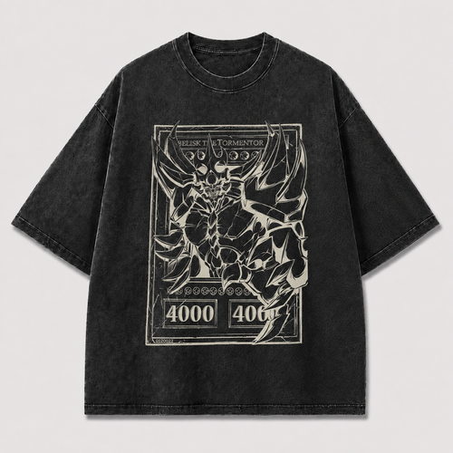 Oversized Colossal Creature Card-Frame Graphic Tee – Monochrome Print Top