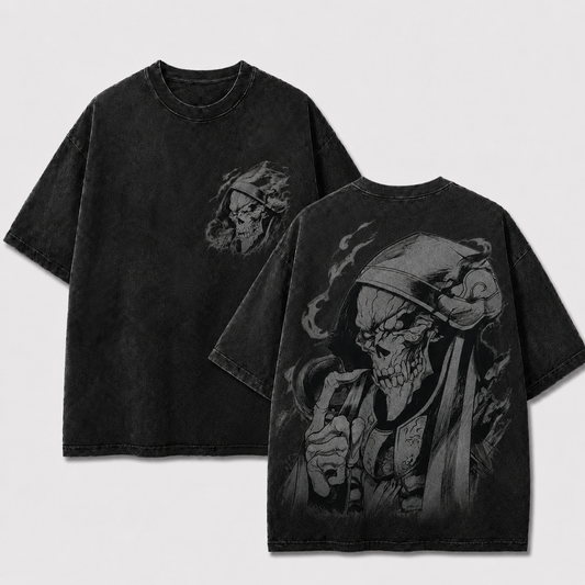 Black Ainz Ooal Gown Overlord washed oversized T-shirt with hooded skull front print and large skeletal back graphic