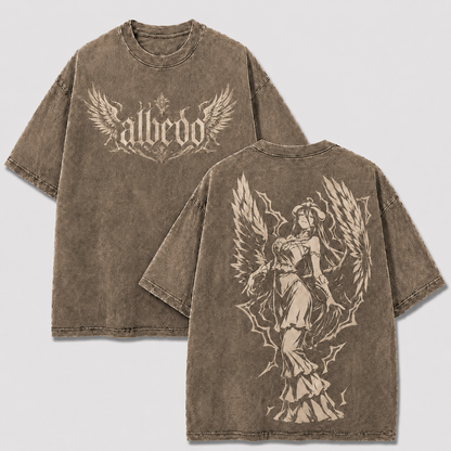 Albedo Overlord apricot washed oversized T-shirt with winged gothic front and back anime graphics