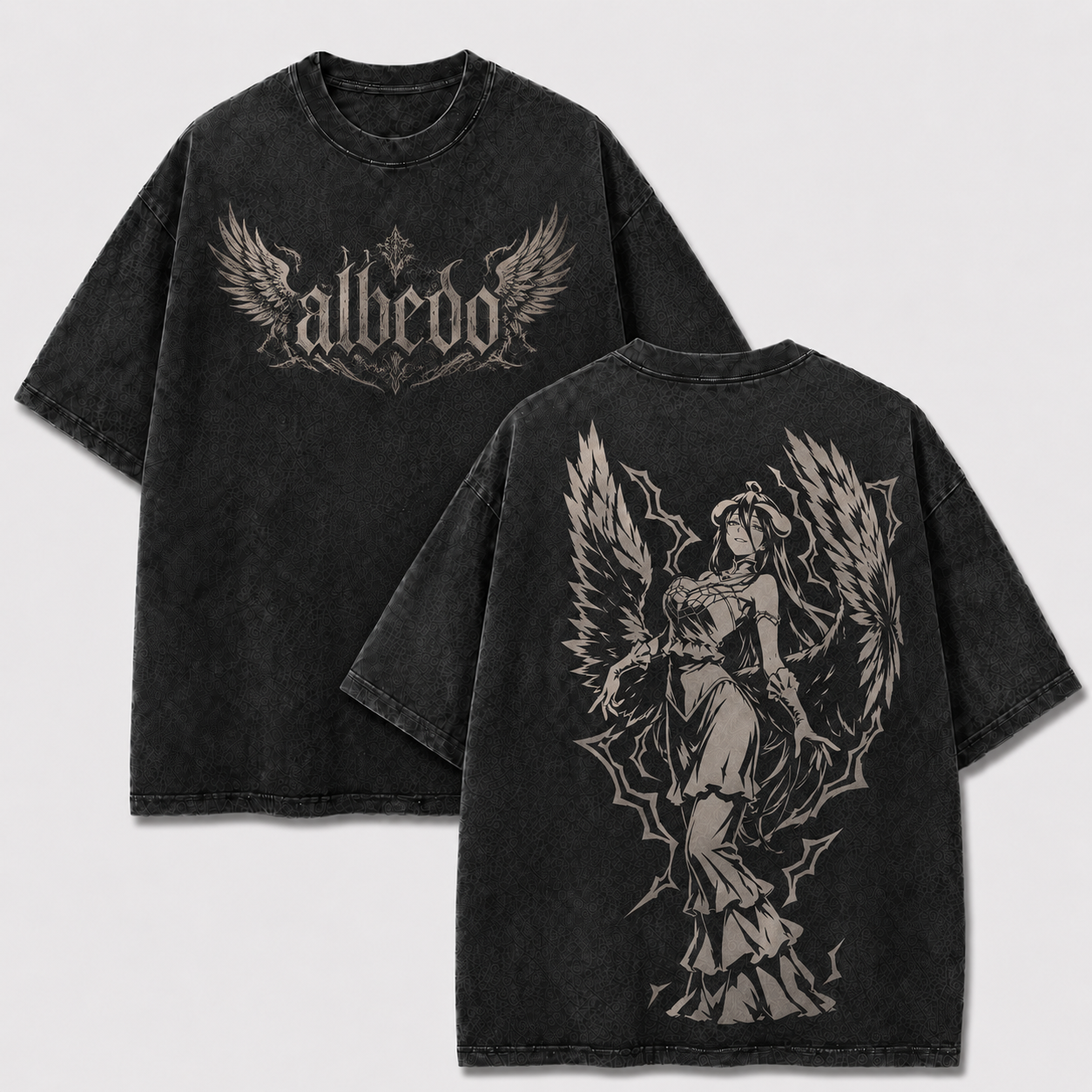 Albedo Overlord black washed oversized T-shirt with gothic Albedo front design and monochrome back artwork
