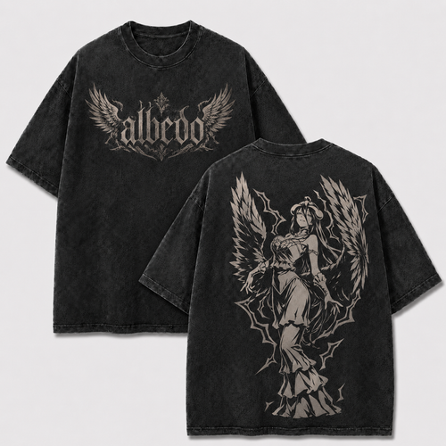 Albedo Overlord black washed oversized T-shirt with gothic Albedo front design and monochrome back artwork