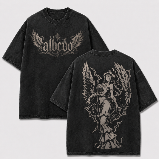 Albedo Overlord black washed oversized T-shirt with gothic Albedo front design and monochrome back artwork
