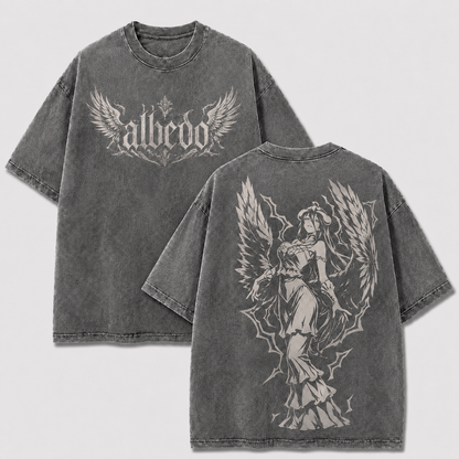 Albedo Overlord gray washed oversized T-shirt with gothic front logo and winged anime character back graphic