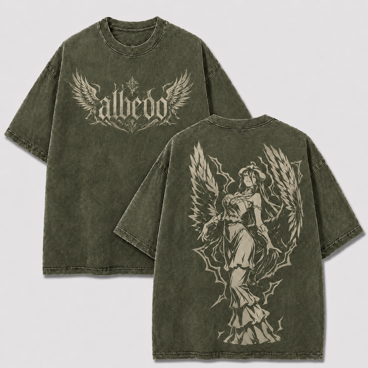 Albedo Overlord khaki washed oversized T-shirt with gothic wordmark and full-body winged character print