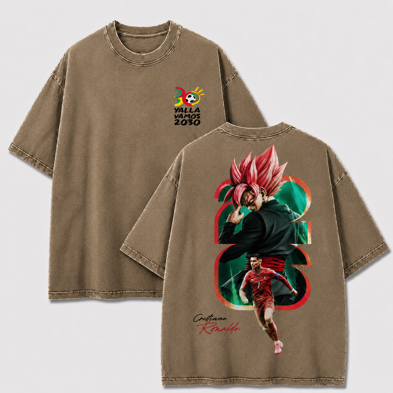 Olive green CR7 Rose Saiyan shirt with double-sided anime football print