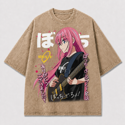 Pink-haired Guitarist Portrait with Energetic Oversized Graphic Tee